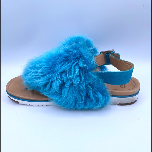 UGG, Holly, Turquoise Shearling Slingback Thong Sandals - Picture 4 of 6